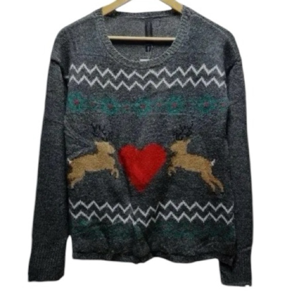 Aeropostale Christmas Holiday Reindeer Sweater Gray Red Fair Isle Women's Medium